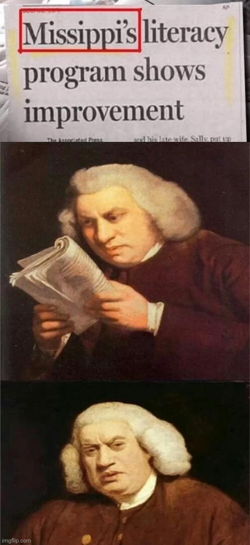 "Missippi's" missing 2 s | image tagged in bach reading,mississippi,newspaper,memes,you had one job,spelling error | made w/ Imgflip meme maker