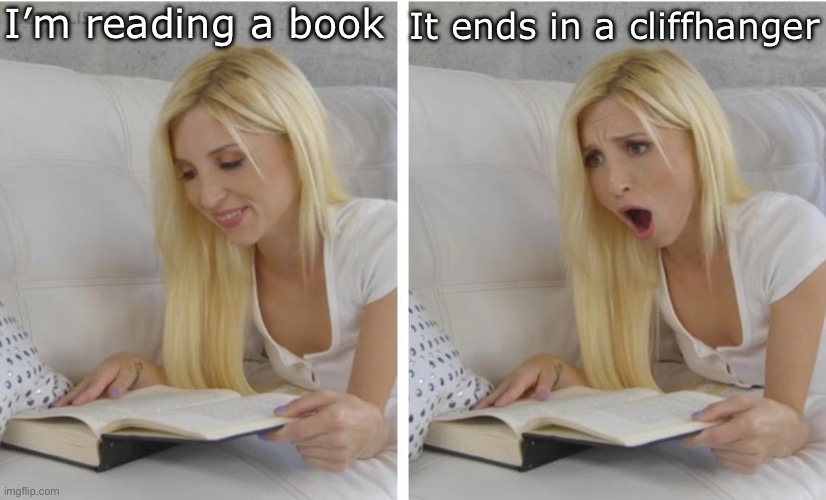 Ts pmo | It ends in a cliffhanger; I’m reading a book | image tagged in surprised reading girl,msmg | made w/ Imgflip meme maker