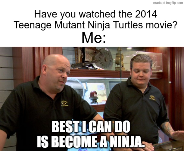 People who just watched the 2014 Teenage Mutant Ninja Turtles movie | Have you watched the 2014 Teenage Mutant Ninja Turtles movie? Me:; BEST I CAN DO IS BECOME A NINJA. | image tagged in pawn stars best i can do,memes,funny,nickelodeon,teenage mutant ninja turtles | made w/ Imgflip meme maker