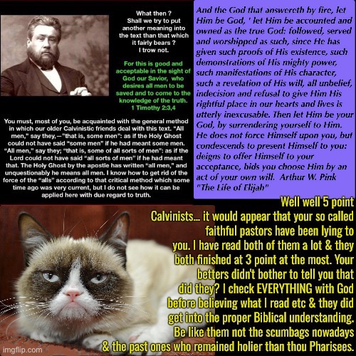 Spurgeon And Arthur Pink Ended At 3 Point At The Most | image tagged in calvinism,calvinist memes,anti calvinism,reformed theology,spurgeon and pink ended up 3 point tops,reformed liars | made w/ Imgflip meme maker