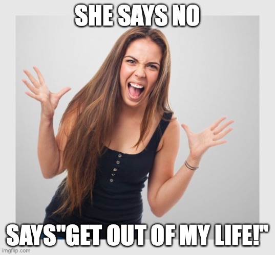 angry girl | SHE SAYS NO; SAYS"GET OUT OF MY LIFE!" | image tagged in angry girl | made w/ Imgflip meme maker