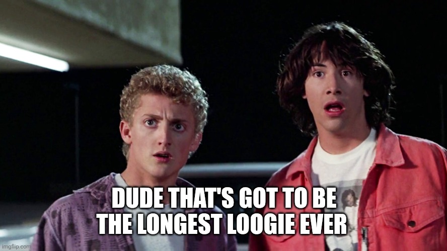 Bill and ted | DUDE THAT'S GOT TO BE THE LONGEST LOOGIE EVER | image tagged in bill and ted | made w/ Imgflip meme maker