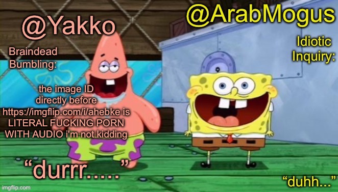 just to be clear i'm not linking the pron i'm linking the ID before it | the image ID directly before https://imgflip.com/i/ahebke is LITERAL FUCKING PORN WITH AUDIO i'm not kidding | image tagged in yakko and arabmogus s shared temp | made w/ Imgflip meme maker