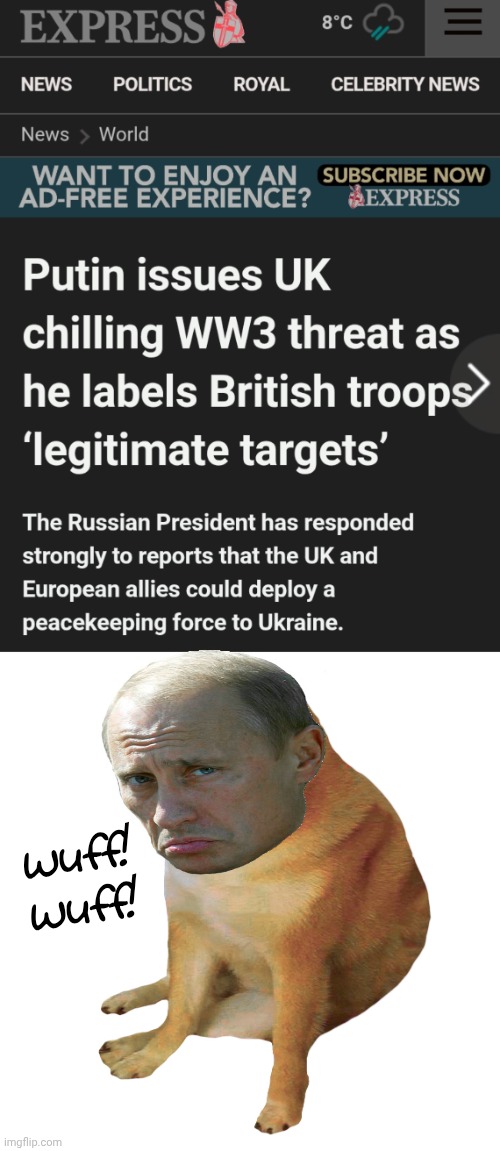 Oh, give it a rest Vlad... | Wuff! Wuff! | image tagged in cheems,ww3,putin,pootin | made w/ Imgflip meme maker