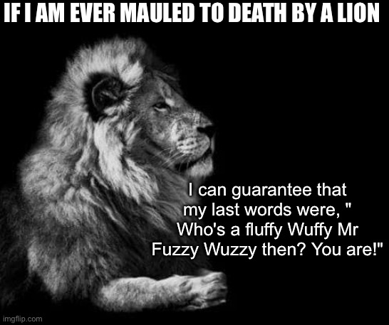 The lion | IF I AM EVER MAULED TO DEATH BY A LION; I can guarantee that my last words were, " Who's a fluffy Wuffy Mr Fuzzy Wuzzy then? You are!" | image tagged in the lion,mauled,death,killed | made w/ Imgflip meme maker