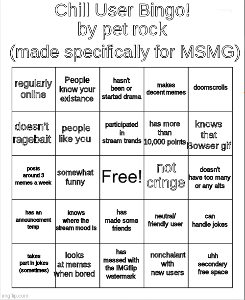 High Quality Chill Bingo by your local PetRock :> Blank Meme Template