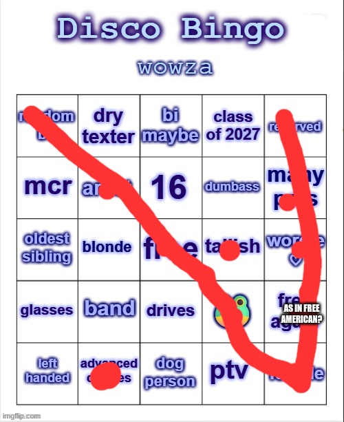 only 2 bingos | AS IN FREE AMERICAN? | image tagged in disco bingo but uhhh something | made w/ Imgflip meme maker