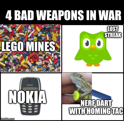 The Sell Food From Home Starter Kit | LOST STREAK NERF DART WITH HOMING TAC NOKIA LEGO MINES 4 BAD WEAPONS IN WAR | image tagged in the sell food from home starter kit | made w/ Imgflip meme maker
