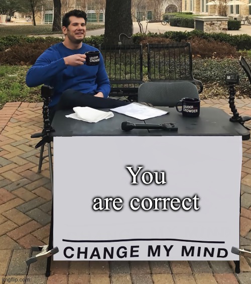 Change My Mind (tilt-corrected) | You are correct | image tagged in change my mind tilt-corrected | made w/ Imgflip meme maker
