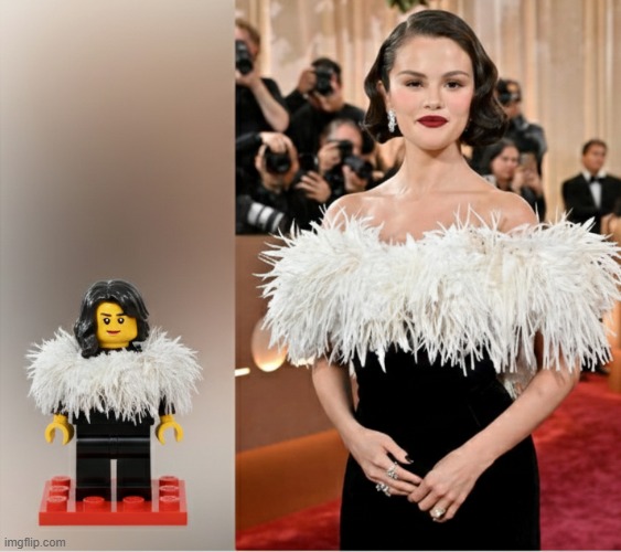 Mini Gomez | image tagged in getty images,axelle,golden globes,selena gomez,lego art,brian einersen | made w/ Imgflip meme maker