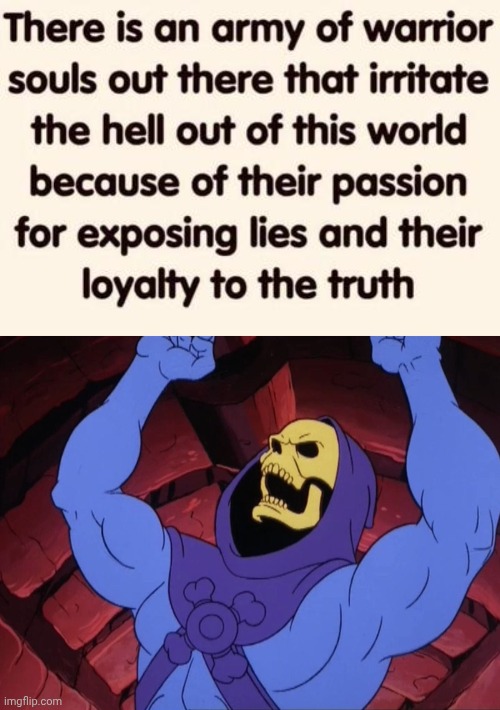 Army of Warriors exposing the Truth | image tagged in skeletor,truth | made w/ Imgflip meme maker