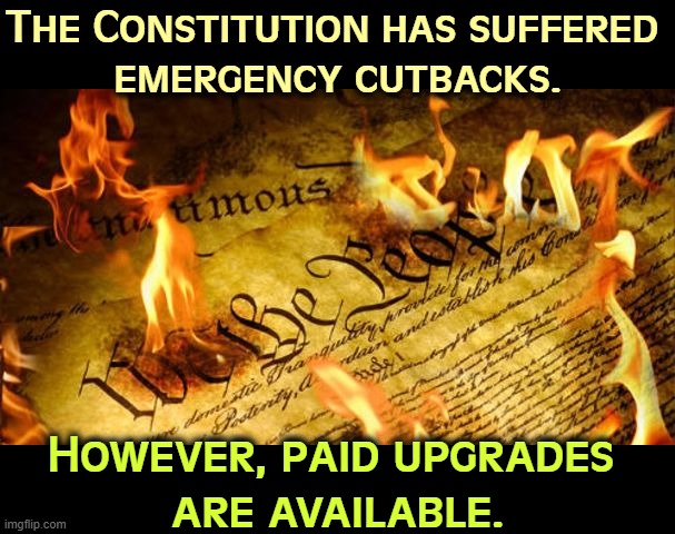 Bribery will get you somewhere. | The Constitution has suffered 
emergency cutbacks. However, paid upgrades 
are available. | image tagged in constitution in flames,trump,corruption,fascist,dictator | made w/ Imgflip meme maker
