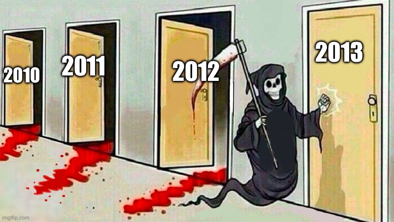 Looks like those born in 2013 are becoming teenagers in 2026 | 2013; 2012; 2011; 2010 | image tagged in death knocking at the door | made w/ Imgflip meme maker