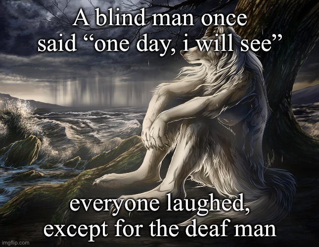 Sitting Wolf | A blind man once said “one day, i will see”; everyone laughed, except for the deaf man | image tagged in sitting wolf | made w/ Imgflip meme maker