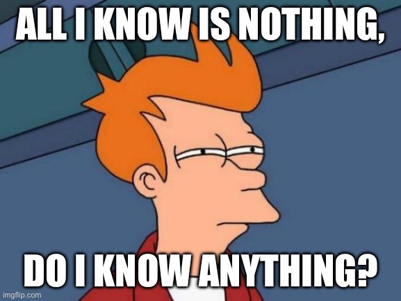 Futurama Fry Meme | ALL I KNOW IS NOTHING, DO I KNOW ANYTHING? | image tagged in memes,futurama fry | made w/ Imgflip meme maker