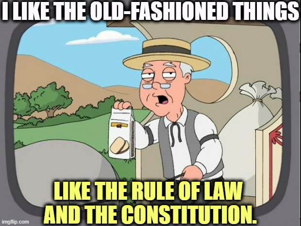 Remember democracy? | I LIKE THE OLD-FASHIONED THINGS; LIKE THE RULE OF LAW 
AND THE CONSTITUTION. | image tagged in peperidge,trump,rule of law,constitution,democracy | made w/ Imgflip meme maker
