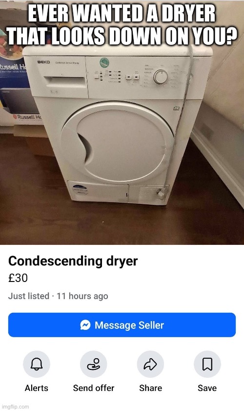 Dryer | EVER WANTED A DRYER THAT LOOKS DOWN ON YOU? | image tagged in clothes,laundry,condescending,for sale | made w/ Imgflip meme maker