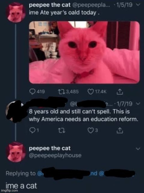 peepee the cat @peepeepla...

1/5/19

ime Ate year's oald today.

419

3,485

17.4K

@l

9...1/7/19

8 years old and still can't spell. This is why America needs an education reform.

1

3

peepee the cat

@peepeeplayhouse

Replying to @

nd @

ime a cat | made w/ Imgflip meme maker