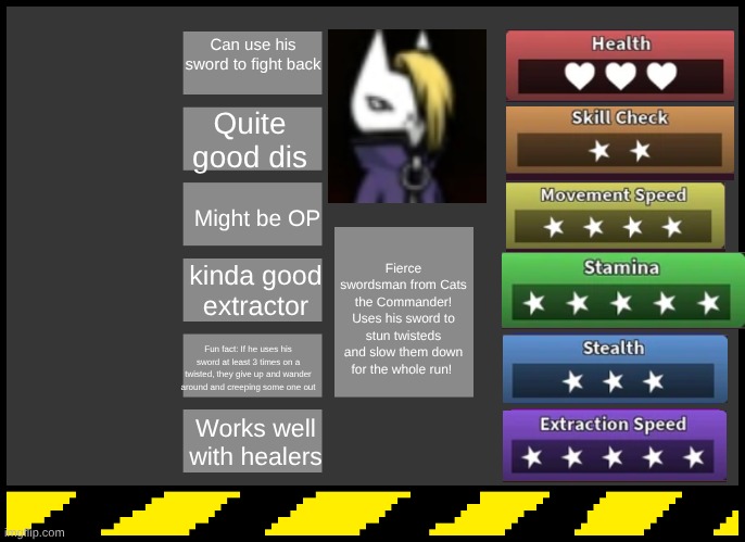 If Izanagi was a DW toon! | Can use his sword to fight back; Quite good dis; Might be OP; Fierce swordsman from Cats the Commander! Uses his sword to stun twisteds and slow them down for the whole run! kinda good extractor; Fun fact: If he uses his sword at least 3 times on a twisted, they give up and wander around and creeping some one out; Works well with healers | image tagged in dandy's world oc creator | made w/ Imgflip meme maker