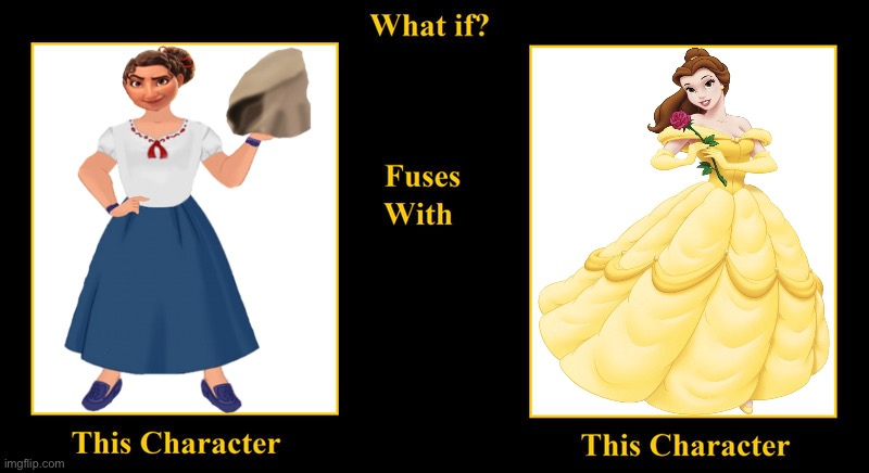 Luisa Madrigal Fuses With Princess Belle | image tagged in blank fusion meme,princess belle,beauty and the beast,encanto,disney princess,disney princesses | made w/ Imgflip meme maker