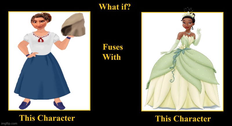 Luida Madrigal Fuses With Princess Tiana | image tagged in blank fusion meme,princess tiana,luisa madrigal,encanto,princess and the frog,disney princess | made w/ Imgflip meme maker