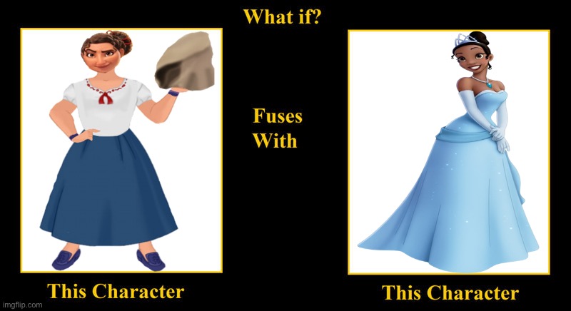 Luisa Madrigal Fuses With Tiana Rogers | image tagged in blank fusion meme,disney princess,disney princesses,encanto,luisa madrigal,princess tiana | made w/ Imgflip meme maker