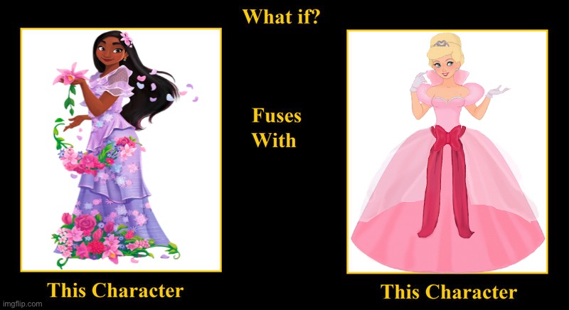 Isabela Madrigal Fuses With Charlotte La Bouff | image tagged in blank fusion meme,encanto,isabela madrigal,charlotte la bouff,disney princess,princess and the frog | made w/ Imgflip meme maker