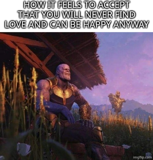 Thanos peace at last | HOW IT FEELS TO ACCEPT THAT YOU WILL NEVER FIND LOVE AND CAN BE HAPPY ANYWAY | image tagged in thanos peace at last | made w/ Imgflip meme maker