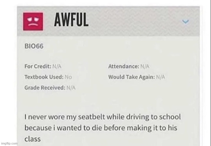 image tagged in school,rating,seatbelt,driving,die,oof | made w/ Imgflip meme maker