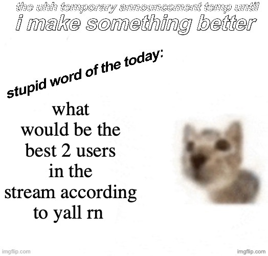 the uhh stupid car announcement temp (temporary) | what would be the best 2 users in the stream according to yall rn | image tagged in the uhh stupid car announcement temp temporary | made w/ Imgflip meme maker