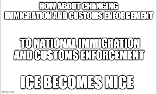 white background | HOW ABOUT CHANGING IMMIGRATION AND CUSTOMS ENFORCEMENT; TO NATIONAL IMMIGRATION AND CUSTOMS ENFORCEMENT; ICE BECOMES NICE | image tagged in white background | made w/ Imgflip meme maker