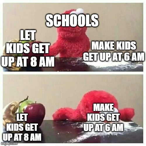 Elmo eats sugar | SCHOOLS; LET KIDS GET UP AT 8 AM; MAKE KIDS GET UP AT 6 AM; LET KIDS GET UP AT 8 AM; MAKE KIDS GET UP AT 6 AM | image tagged in elmo eats sugar | made w/ Imgflip meme maker