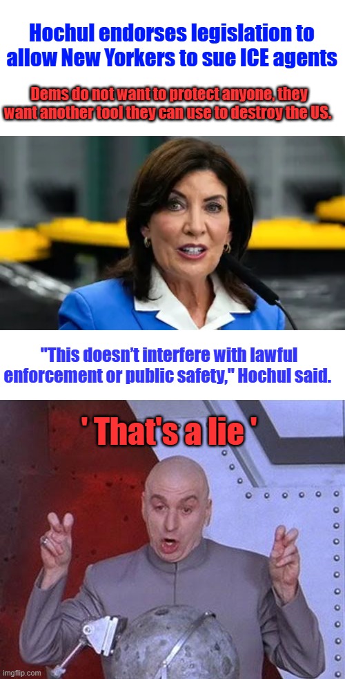 She still reminds me of Officer Duffy in Scream | Hochul endorses legislation to allow New Yorkers to sue ICE agents; Dems do not want to protect anyone, they want another tool they can use to destroy the US. "This doesn’t interfere with lawful enforcement or public safety," Hochul said. ' That's a lie ' | image tagged in memes,dr evil laser | made w/ Imgflip meme maker