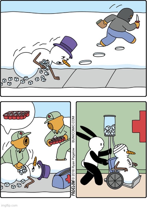 Buni Comics | image tagged in comics,buni comics,snowman,stabbing,ice cubes,hospital | made w/ Imgflip meme maker