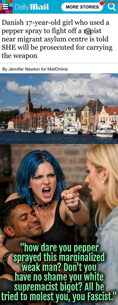 CRIMINAL LIVES MATTER!!! Europe is a sick joke | @; @darking2jarlie; "how dare you pepper sprayed this marginalized weak man? Don't you have no shame you white supremacist bigot? All he tried to molest you, you Fascist." | image tagged in europe,liberals,liberal logic,democrats | made w/ Imgflip meme maker
