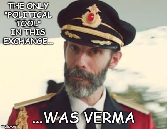 THE ONLY "POLITICAL TOOL" IN THIS EXCHANGE... ...WAS VERMA | image tagged in captain obvious | made w/ Imgflip meme maker