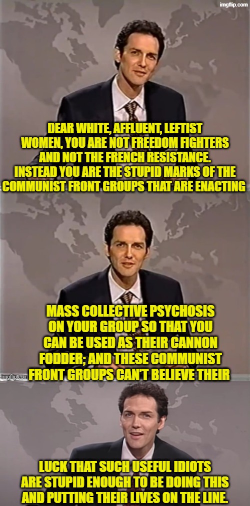 Well, someone needed to tell them. | DEAR WHITE, AFFLUENT, LEFTIST WOMEN, YOU ARE NOT FREEDOM FIGHTERS AND NOT THE FRENCH RESISTANCE. INSTEAD YOU ARE THE STUPID MARKS OF THE COMMUNIST FRONT GROUPS THAT ARE ENACTING; MASS COLLECTIVE PSYCHOSIS ON YOUR GROUP SO THAT YOU CAN BE USED AS THEIR CANNON FODDER; AND THESE COMMUNIST FRONT GROUPS CAN’T BELIEVE THEIR; LUCK THAT SUCH USEFUL IDIOTS ARE STUPID ENOUGH TO BE DOING THIS AND PUTTING THEIR LIVES ON THE LINE. | image tagged in weekend update with norm | made w/ Imgflip meme maker