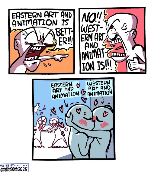 image tagged in art,animation,eastern,western,fight,fighting | made w/ Imgflip meme maker