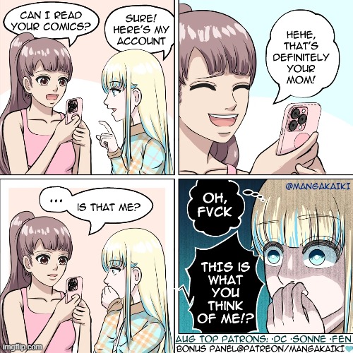 Be careful who you share your comics with (Naomi certainly wasn't) | image tagged in comics,reading,friend,exposed,busted,oops | made w/ Imgflip meme maker