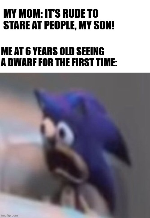 I Swear I’m Not Staring | MY MOM: IT’S RUDE TO STARE AT PEOPLE, MY SON! ME AT 6 YEARS OLD SEEING A DWARF FOR THE FIRST TIME: | image tagged in traumatised sonic | made w/ Imgflip meme maker