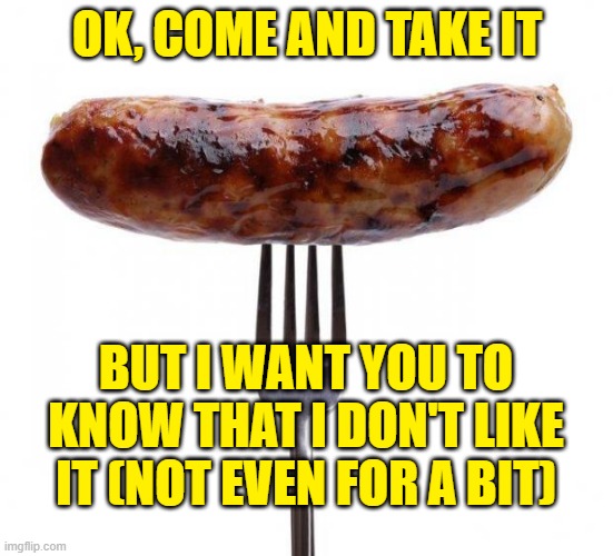 sausage pls | OK, COME AND TAKE IT; BUT I WANT YOU TO KNOW THAT I DON'T LIKE IT (NOT EVEN FOR A BIT) | image tagged in sausage pls | made w/ Imgflip meme maker