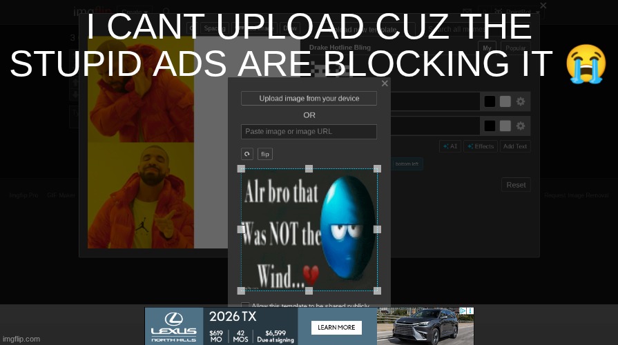 I CANT UPLOAD CUZ THE STUPID ADS ARE BLOCKING IT 😭 | made w/ Imgflip meme maker
