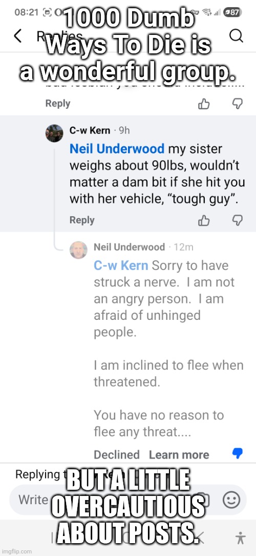 Sorry Dude | 1000 Dumb Ways To Die is a wonderful group. BUT A LITTLE OVERCAUTIOUS ABOUT POSTS. | image tagged in declined pacifism,no offence intended | made w/ Imgflip meme maker