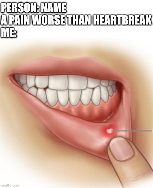 Canker sores are so damn annoying | PERSON: NAME A PAIN WORSE THAN HEARTBREAK
ME: | image tagged in canker sores,canker sore,lol so funny,memes,girlfriend,imgflip | made w/ Imgflip meme maker