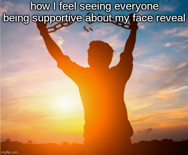 Man breaking free from chains over the sunset | how I feel seeing everyone being supportive about my face reveal | image tagged in man breaking free from chains over the sunset | made w/ Imgflip meme maker