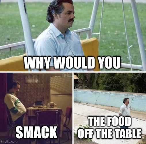 Sad Pablo Escobar Meme | WHY WOULD YOU; SMACK; THE FOOD OFF THE TABLE | image tagged in memes,sad pablo escobar | made w/ Imgflip meme maker
