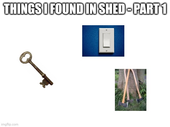 Things I found in shed - part 1 | THINGS I FOUND IN SHED - PART 1 | image tagged in blank white template | made w/ Imgflip meme maker