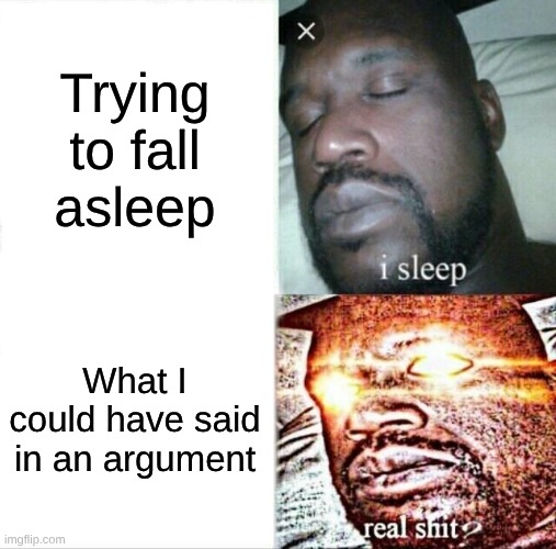 Sleeping Shaq Meme | Trying to fall asleep; What I could have said in an argument | image tagged in memes,sleeping shaq | made w/ Imgflip meme maker