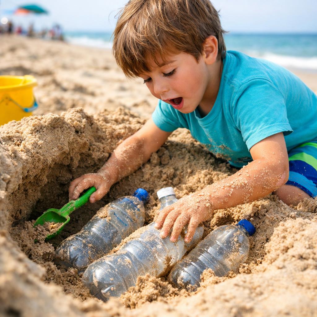 bambino che scava la sabbia e trova delle bottiglie di plastica Blank Meme Template