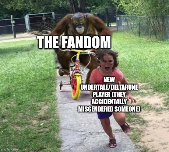 Run! | THE FANDOM; NEW UNDERTALE/DELTARUNE PLAYER (THEY ACCIDENTALLY MISGENDERED SOMEONE) | image tagged in run | made w/ Imgflip meme maker